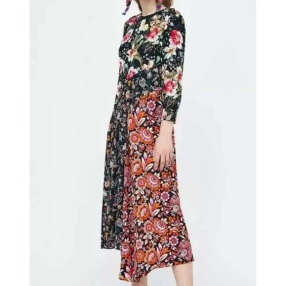 Zara Dresses & Skirts - Zara Maxi Dress Womens M Pink Floral Multicolor Asymmetric Hem Round Neck Zipper